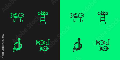 Set line Fishing hook with fish, and worm, lure and Lighthouse icon. Vector