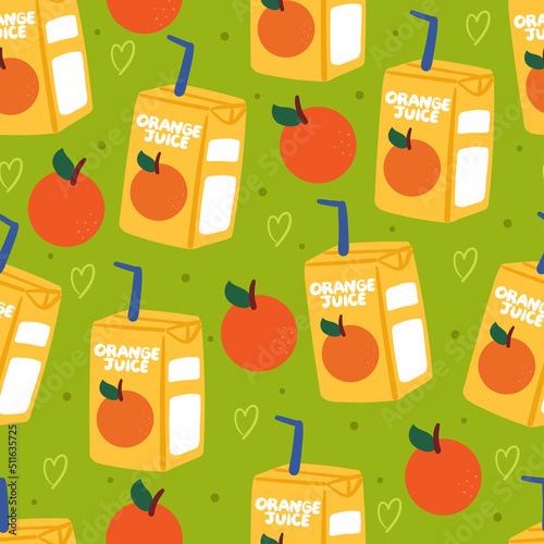 seamless pattern box of orange juice. cute wallpaper in green background