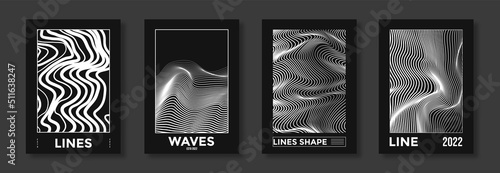 Collection of modern abstract posters with optical waves. In techno style, psychedelic design, prints for T-shirts and hoodies. Isolated on black background