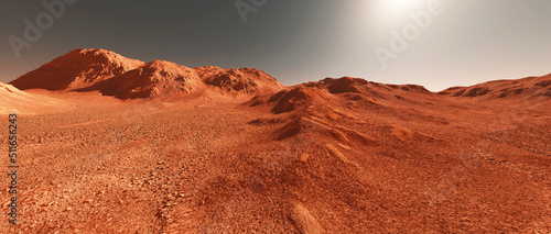 Mars planet landscape, 3d render of imaginary mars planet terrain, orange eroded desert with mountains and sun, realistic science fiction illustration.