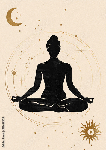 Yoga meditation esoteric art illustration. Celestial astrology zodiac art. 