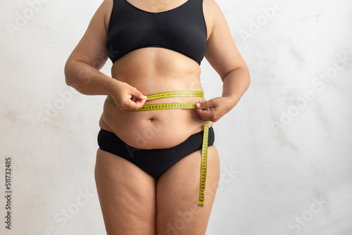 Cropped obese overweight woman with big cellulite sagging abdomen, measuring circumference of waist, belly with yellow roulette tape. Checking size before liposuction surgery. Show off adipose body