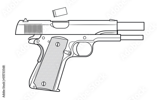Vector illustration of the Colt 1911 automatic pistol with the breech in the rear position and the cartridge case falling out on a white background