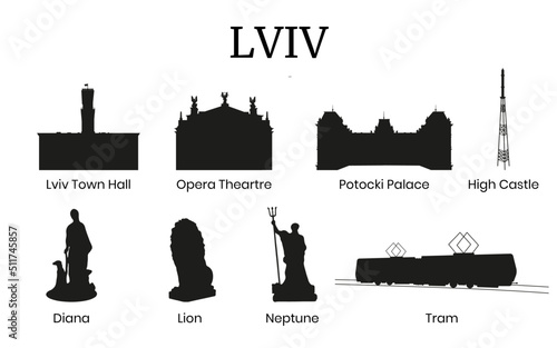 Vector solhouette illustrations of famous monuments of the city Lviv, Ukraine. Black. 