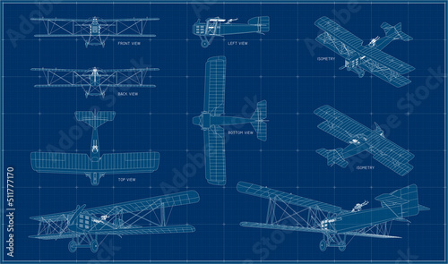 Double bomber of the First World War. French biplane of the beginning of the last century. Blueprint of a Bréguet 14 aircraft. Drawing with projections, isometry and perspective.