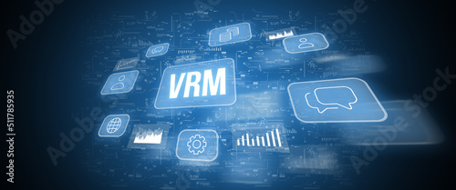 Concept VRM or Vendor Relationship Management. Business acronym. Holographic icons and text