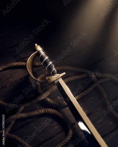 high contrast image of a pirate's cutlass sword on a wood floor. 3D Rendering, illustration