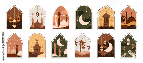 Ramadan Eid Mubarak. Modern Islamic pattern. Ramzan post art with Boho arch. Card with Arabian mosque towers and moon. Religious holiday. Night landscape. Vector design illustration set