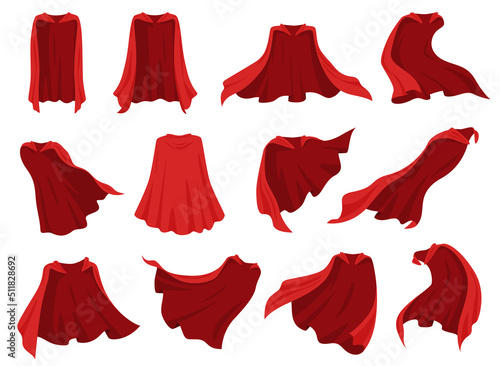 Red superhero cape. Silk cloak with red fabric in different positions. Vector illustration