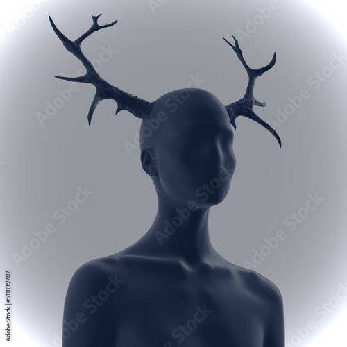 Abstract monochrome concept illustration from 3D rendering of scary faceless black female bust figure with deer devilish antlers on grey background.