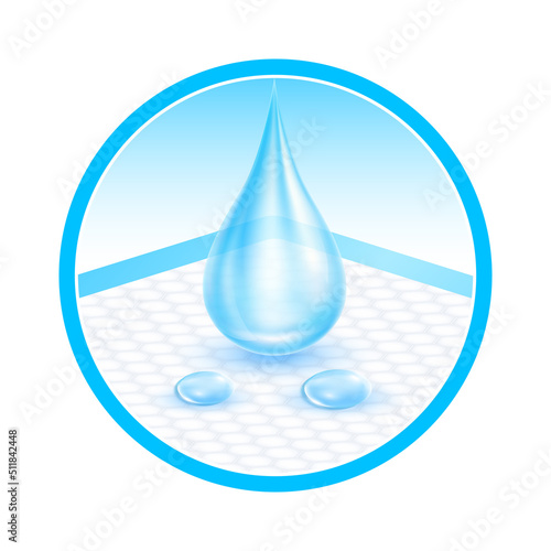 Water droplets on disposable close up. For elderly and bedridden people with urinary incontinence. Soft protection and convenient. Blue diaper pads Isolated on white background. 3D vector. 