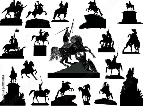 set of eighteen horseman statues on white