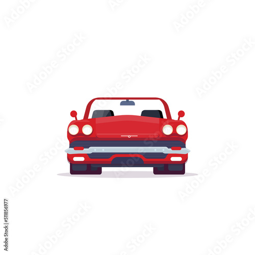 Front view of red muscle sport car from 60s. Vehicle and transport banner. Retro style old cabrio car from 60s. Red cabriolet with lights, big grill and shiny bumper.