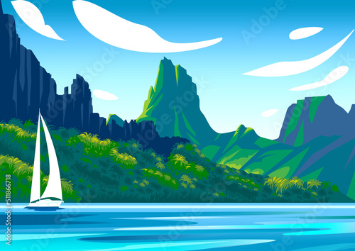 French Polynesia Moorea Tropical Beach Island Landscape. Handmade drawing vector illustration. Retro style travel poster design.