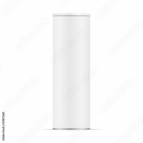 Realistic blank cylinder tube with shadow. White matte paper cardboard box with plastic lid. Mockup template design for snack and chips products. Vector 3d illustration