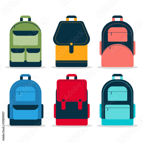 Set of backpack or school bag of different forms and colours. Vector illustration of education objects for pupils and students such as rucksack, haversack or satchel to go at school or college.