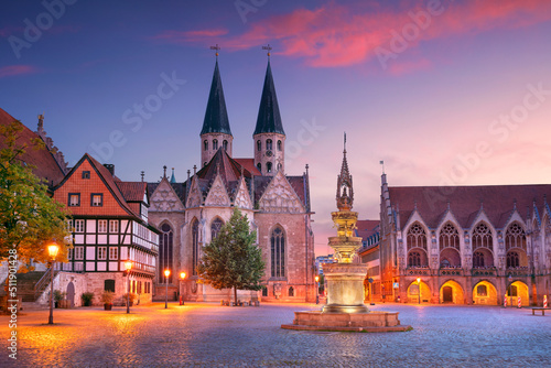 Brunswick, Germany. Cityscape image of historical downtown of Brunswick, Germany with St. Martini Church and Old Town Hall at summer sunset.