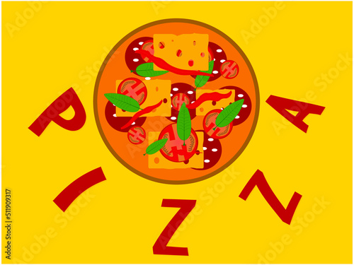 Grafika wektorowa będąca wizualizacją pizzy z dodatkami w postaci kiełbasy, pomidorów, żółtego sera i zielonych liści oregano.