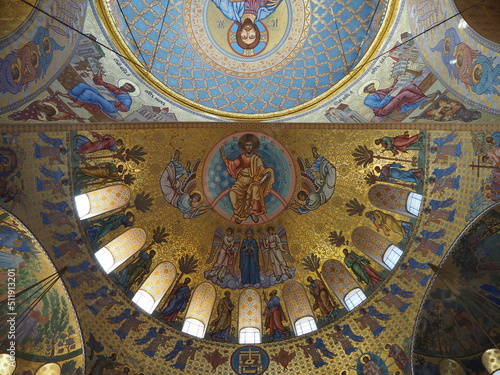 Religious interiors. Decorations and frescoes on the dome of the Naval Cathedral of St. Nicholas the Wonderworker. City of Kronstadt, Russia.