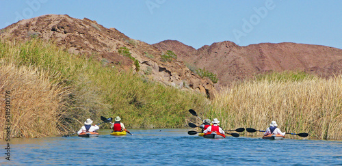 Six kayakers are enjoying the waters of the "Little Nile" an inlet channel that runs into Squaw Lake off the Colorado river north of Yuma , Arizona