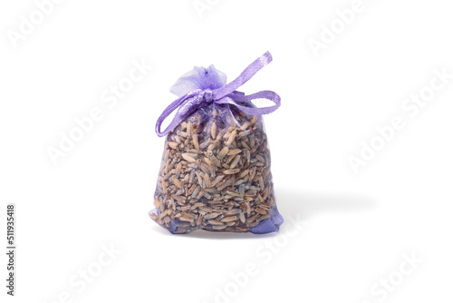 Lavender bag or pouch with dried lavender flowers isolated on white. Aromatic sachet with dry lavender