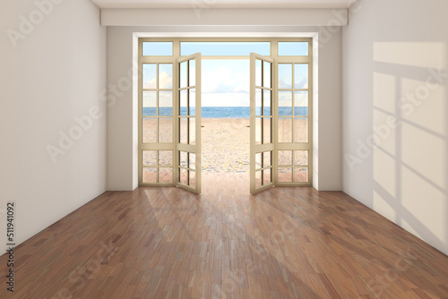 Sunny Hotel Room with Sea View near the Beach. Room without Furniture with Open Doors Overlooking the Ocean, Yellow Sand and Clouds. Dark Parquet Floor and a Beige Stucco Walls. 3d render, 8K Ultra HD