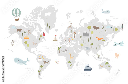 World map with cute animals in cartoon style. Map for nursery, kids room with nature, animals, transports. Skandi vector illustration