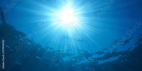 Bright sunlight with sunbeams under water surface in the sea with some small fish, natural scene, Mediterranean
