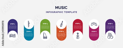 infographic template with icons and 7 options or steps. infographic for music concept. included melody, bassoon, harpsichord, violoncello, viola, cymbals, castanets icons.