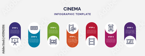 infographic template with icons and 7 options or steps. infographic for cinema concept. included projector screen, film, home cinema, subtitle, photograms, film poster, soundtrack icons.