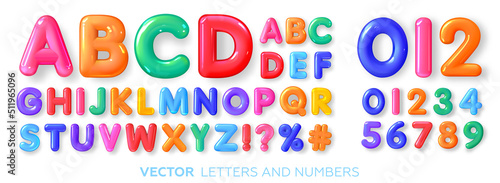 Cheerful, multi-colored, glossy, children's alphabet. Colored 3d letters and numbers. Vector illustration