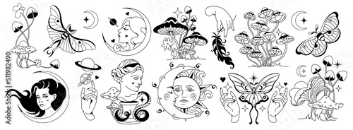 Set of monochrome magic and celestial symbols. Mystical silhouette signs, prints, stickers. Vector graphic illustration of crescent moon, witchcraft sings, sun. Astrology esoteric aesthetics.