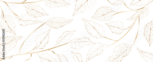 Abstract white art background with golden leaves in line style. Botanical banner for design wallpaper, decor, print, textile.