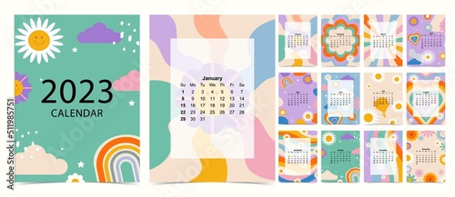 2023 table calendar week start on Sunday with groovy and flower that use for vertical digital and printable A4 A5 size