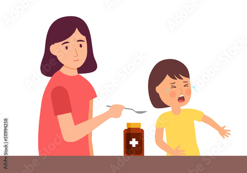 Girl child does not want to take medicine in flat design.
