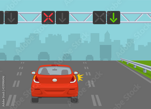 Driving a car. Red sedan car on a highway with lane control lights. Safe driving and traffic regulation rules. Flat vector illustration template.