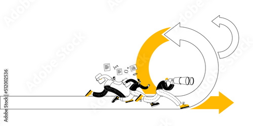 A man with a laptop runs along the arrow. Vector illustration on the topic of agile methodology.