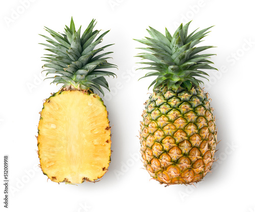 Flat lay of Pineapple with cut in half isolated on white background.