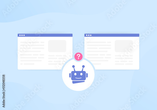 Duplicate Content and SEO concept. The search robot finds the same duplicate or closely similar web page content on the site and does not know which one to add to the search engine results pages