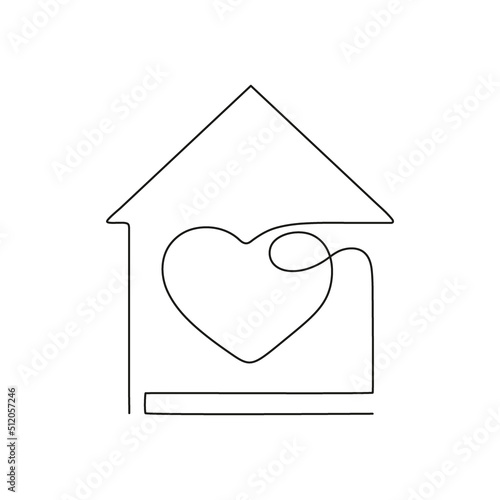 House outline with heart inside, sweet home, residential building continuous one art line drawing. Love, family in home. Single contour construction house. Care and safe of home, building. Vector