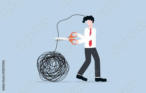 Stress elimination from busy work or toxic environment, changing behavior for better mental health, work-life balance concept. Businessman cutting messy tangled line cling to his head. 