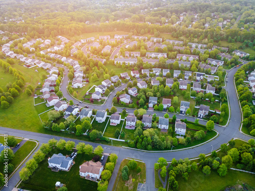 Aerial panorama view of a small town city home roofs at suburban residential quarters an New Jersey USA