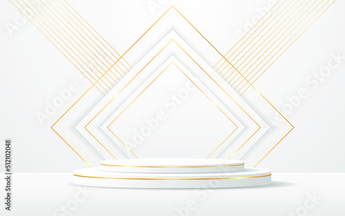 White podium with white squares and elegant gold lines on the back for product presentation. Cosmetic product display. vector illustration 