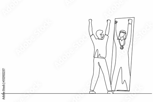 Single one line drawing narcissistic Arab businessman looking at mirror, seeing reflection of himself with gold medal, person overestimate himself, self confidence. Continuous line draw design vector