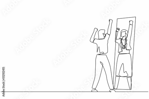 Single continuous line drawing narcissistic businesswoman looking at mirror and seeing in reflection of herself with gold medal, person overestimate herself, self confidence. One line design vector