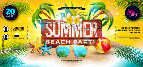 Summer Beach Party Banner Flyer Design with Sunglasses and Beach Ball on Tropical Island with Typography Lettering on Vintage Wood Board Background. Vector Summer Holiday Illustration with Exotic Palm