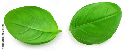 Basil isolated. Basil leaf on white background. Basil leaves basic ingredient for pesto sauce. Top view. Flat lay.