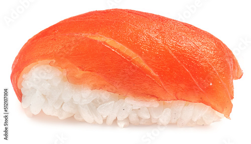 Sushi with rice and salmon isolated on white background. Japan restaurant menu..