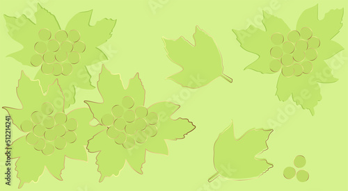 Original graphic green wallpaper. Background. Viburnum leaves and berries with additional decoration with golden lines.