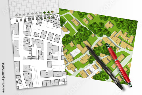 Imaginary cadastral map of territory with buildings, roads and land parcel - land registry concept